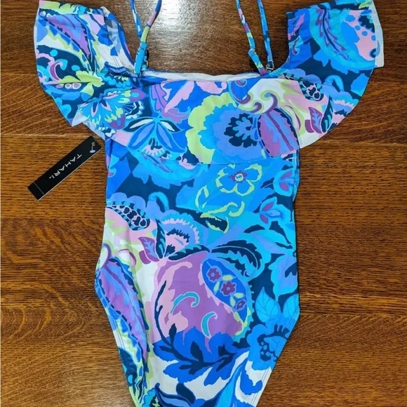 Tahari 1 Piece Swimsuit Juniors L NWT Off Shoulder Purple Blue - Picture 2 of 9